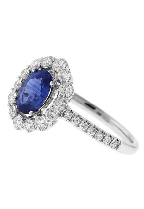 Oval Sapphire Ring with Halo of Diamonds in 18k White Gold