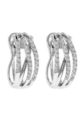 Vertical Triple Row Huggie Earrings with Outward Curve of Diamonds in 18k White Gold