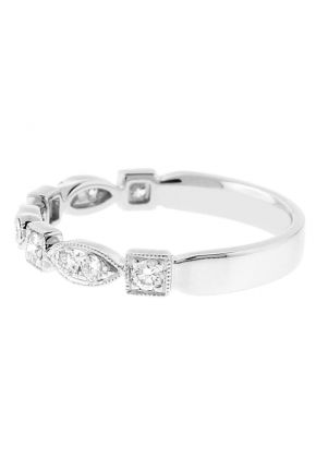 Diamond Milgrain Wedding Band / Stackable Ring in 18k White Gold - Marquise and Square Design