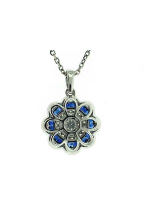 Sunburst Flower Diamond and Sapphire Pendant in 18kt White Gold