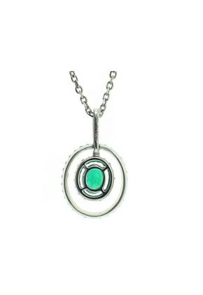 Double Open Oval Diamond Halos with a Genuine Emerald Center Pendant in 18kt White Gold