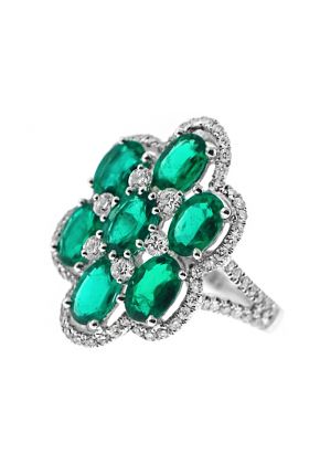 Split Shank Cocktail Ring with Diamonds and Oval Shaped Emeralds in 18k White Gold