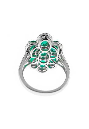 Split Shank Cocktail Ring with Diamonds and Oval Shaped Emeralds in 18k White Gold