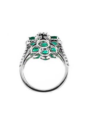 Split Shank Cocktail Ring with Diamonds and Oval Shaped Emeralds in 18k White Gold