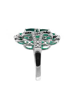 Split Shank Cocktail Ring with Diamonds and Oval Shaped Emeralds in 18k White Gold