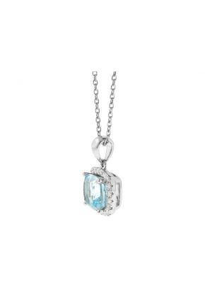 Genuine Cushion Shape Aquamarine Pendant with Diamond Halo in 18kt White Gold