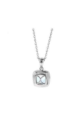 Genuine Cushion Shape Aquamarine Pendant with Diamond Halo in 18kt White Gold