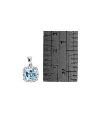 Genuine Cushion Shape Aquamarine Pendant with Diamond Halo in 18kt White Gold