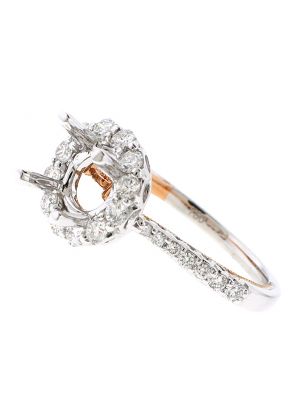 Two Tone Diamond Engagement Ring - 18k White and Rose Gold - Round Halo - Semi Mount