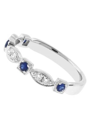 Sapphire & Diamond Band - 18k White Gold Milgrain Ring - Vintage Inspired