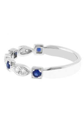 Sapphire & Diamond Band - 18k White Gold Milgrain Ring - Vintage Inspired