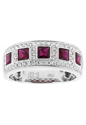 5 Stone Bezel Set Ruby Ring with Pave Set Diamonds and Milgrain in 18k White Gold