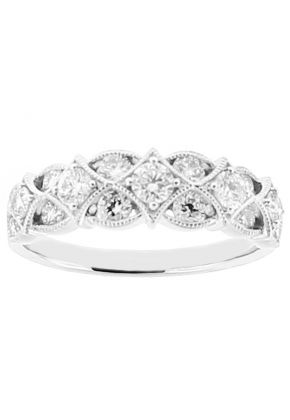 Ladies Right Hand Fashion Ring with Channel Set Diamonds Surrounded by Milgrain Filigree in 18k White Gold