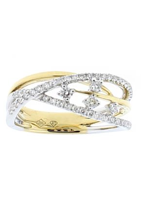 Two Tone Crossover Ring with Diamonds in 18k White and Yellow Gold