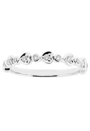 Ladies Stackable Band with Round and Heart Shaped Designs Around Bezel Set Diamonds in 18k White Gold