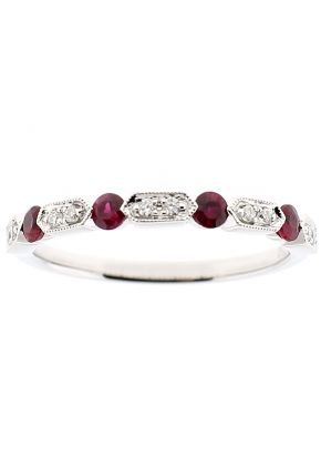 Ladies Stackable Ruby Band with Diamonds and Milgrain Detail in 18k White Gold