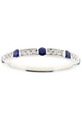 Ladies Stackable Sapphire Band with Diamonds and Milgrain Detail in 18k White Gold
