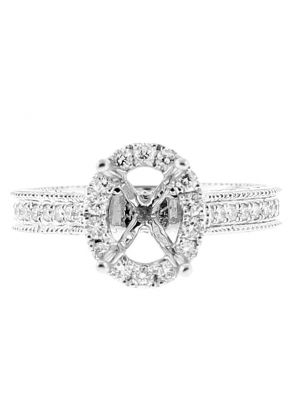 Semi Mount Oval Halo Engagement Ring with Diamonds and Milgrain Detail in 18k White Gold