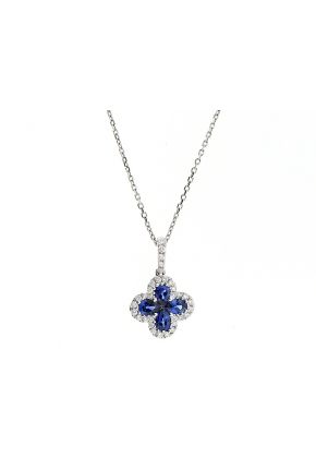 Clover Style Sapphire Pendant with Halo of Diamonds in 18k White Gold