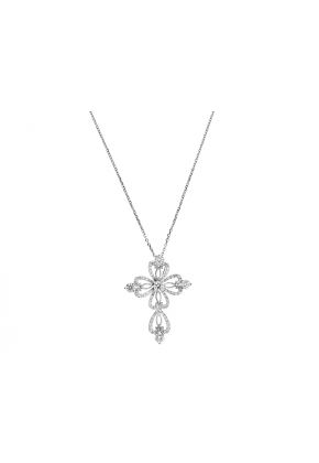 Cross Pendant with Heart Designs of Diamonds in 18k White Gold