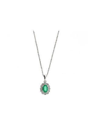 Emerald Pendant with Halo of Diamonds and Milgrain Detail in 18k White Gold