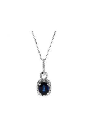 Rectangular Sapphire Pendant with Halo of Diamonds in 18k White Gold