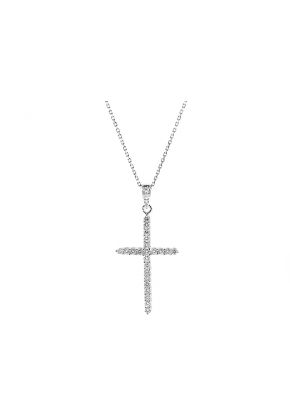Thin Cross Pendant with Diamonds in 18k White Gold