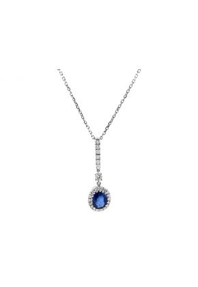 Dangling Oval Sapphire Pendant with Halo of Diamonds in 18k White Gold