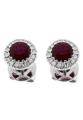 Round Ruby Stud Earrings with Halo of Diamonds in 18k White Gold