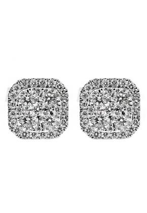 Cluster Square Stud Earrings with Halo of Diamonds in 18k White Gold