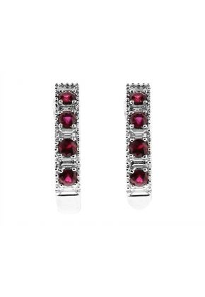 Huggie Style Ruby Earrings with Baguette Diamonds in 18k White Gold