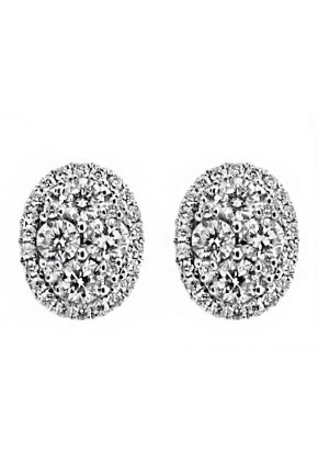 Oval Stud Earrings with Cluster of Diamonds Bordered by Halo in 18k White Gold