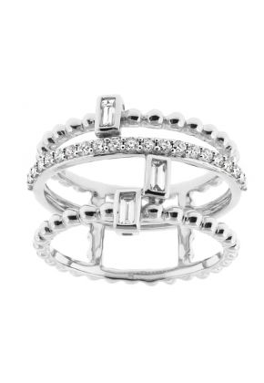 Modern Abstract Ring with Baguette and Round Diamonds and a Beaded Design in 18k White Gold