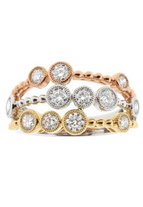 Tri Tone Triple Row Beaded Style Ring with Bezel Set Diamonds Bordered by Milgrain in 18k White, Yellow, and Rose Gold