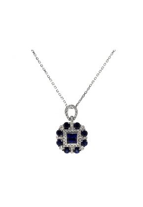 Square Halo Surrounded by a Round Halo Genuine Sapphire and Diamond Pendant in 18kt White Gold