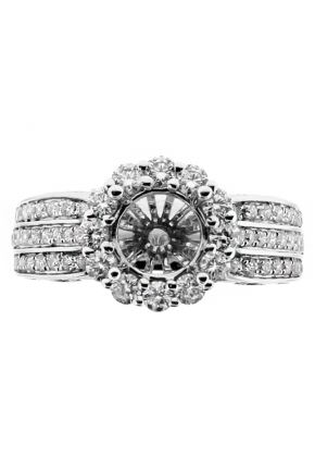 3 Row Shank, Round Halo Center, Diamond Engagement Ring Semi Mount in 18kt White Gold