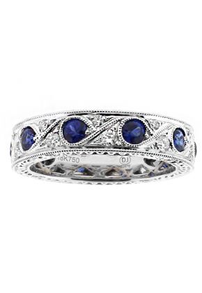 Vintage Style Genuine Sapphire and Diamond Eternity Ring in 18kt White Gold