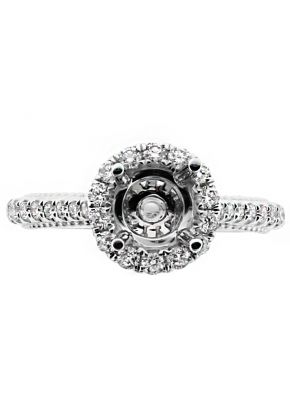 Round Diamond Halo, Ball Beading Design Sides, Engagement Ring Semi Mount in 18kt White Gold