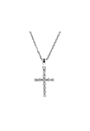 Open Gold Border with Straight Row of Diamonds Cross in 18kt White Gold