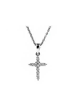 Straight Row of Diamonds With a Larger Center Diamond Cross in 18kt White Gold