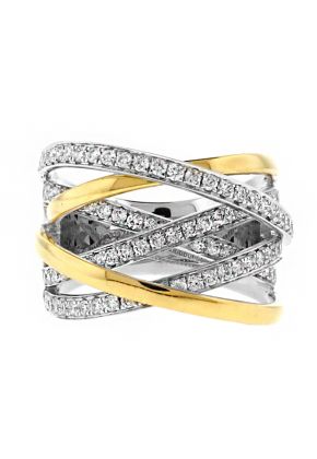 Two Tone Criss Cross Style Cocktail Ring with Diamonds in 18k White and Yellow Gold