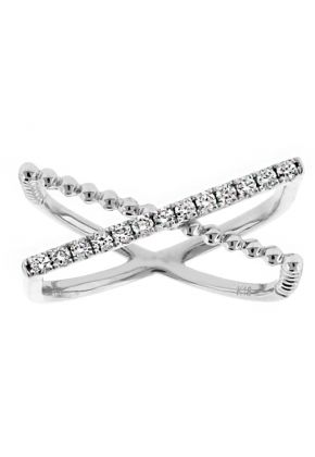 X Style Ring with One Row of Diamonds and One Row of a Beaded Design in 18k White Gold