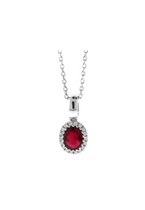 Oval Ruby Pendant with Halo of Diamonds in 18k White Gold