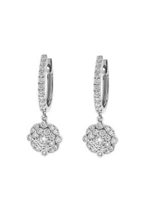 Huggie Earrings with Dangling Cluster of Diamonds in 18k White Gold