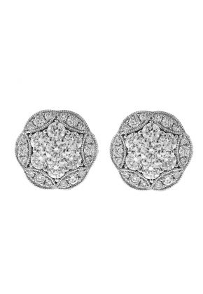 Separable Round Stud Earrings with Ornate Design of Diamonds and Milgrain in 18k White Gold (Wear Two Ways)