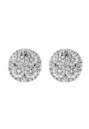 Diamond Cluster Stud Earrings with Halo in 18k White Gold
