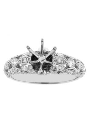 Semi Mount Milgrain Engraved Openwork Engagement Ring with Diamonds in 18k White Gold
