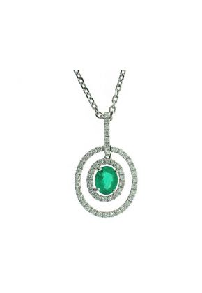 Double Open Oval Diamond Halos with a Genuine Emerald Center Pendant in 18kt White Gold