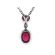 2 Stone Ruby Pendant with Bezel Set Diamond in Between and Halos on Each Set in 18K White Gold