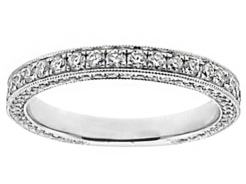 Milgrain Decorated Band with Micro-Pavé Set Round Diamonds in 18k White Gold